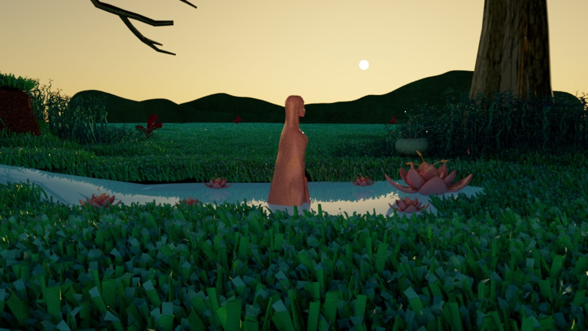 3D environment of pond in grassy plain with dark green mountains in the distance. The characters stands in the pond surrounded by lily flowers.