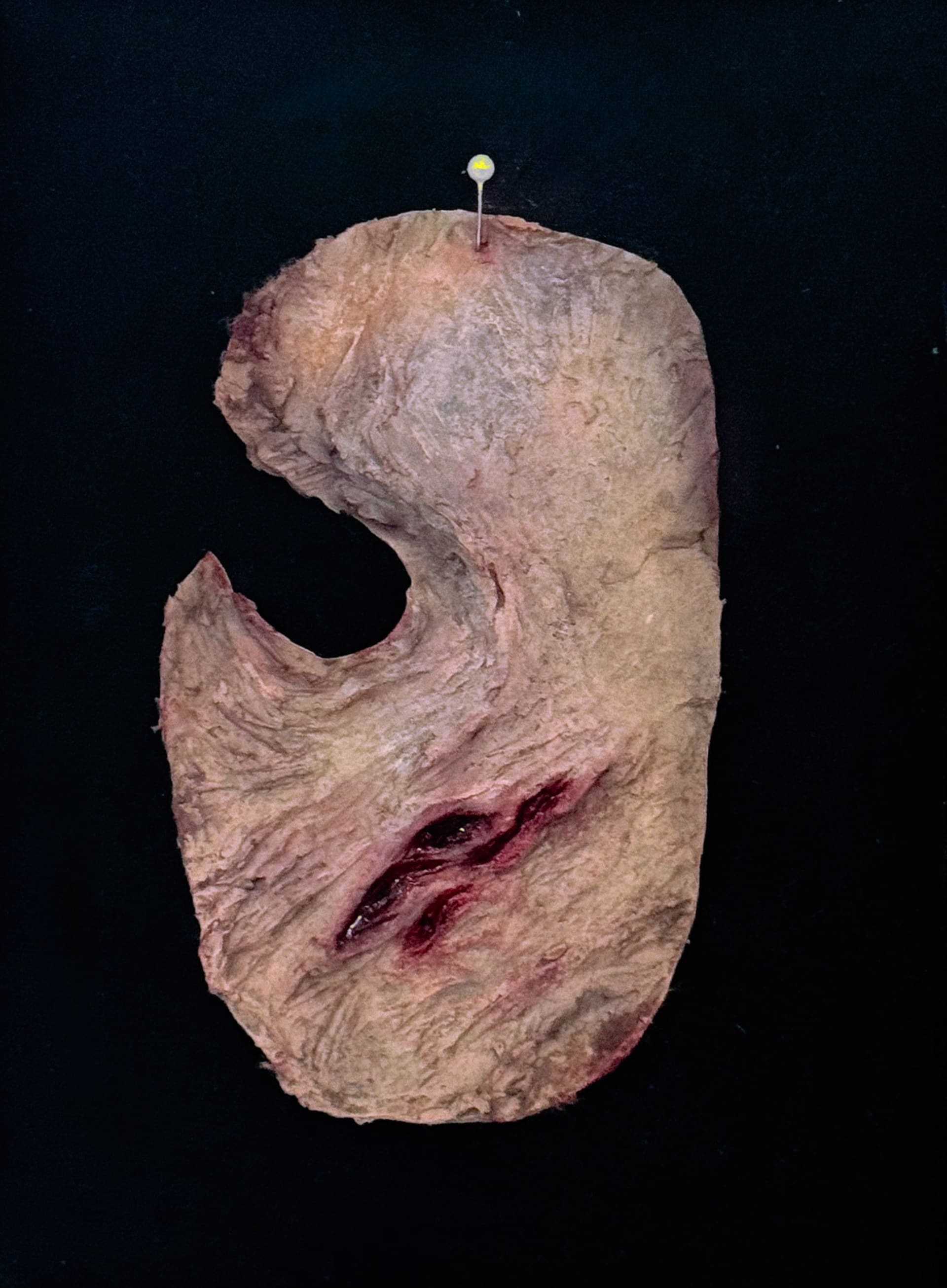 Silicone facial prosthetic representing decaying skin. Created using a custom mould and hand-painted for realistic texture and colour.
