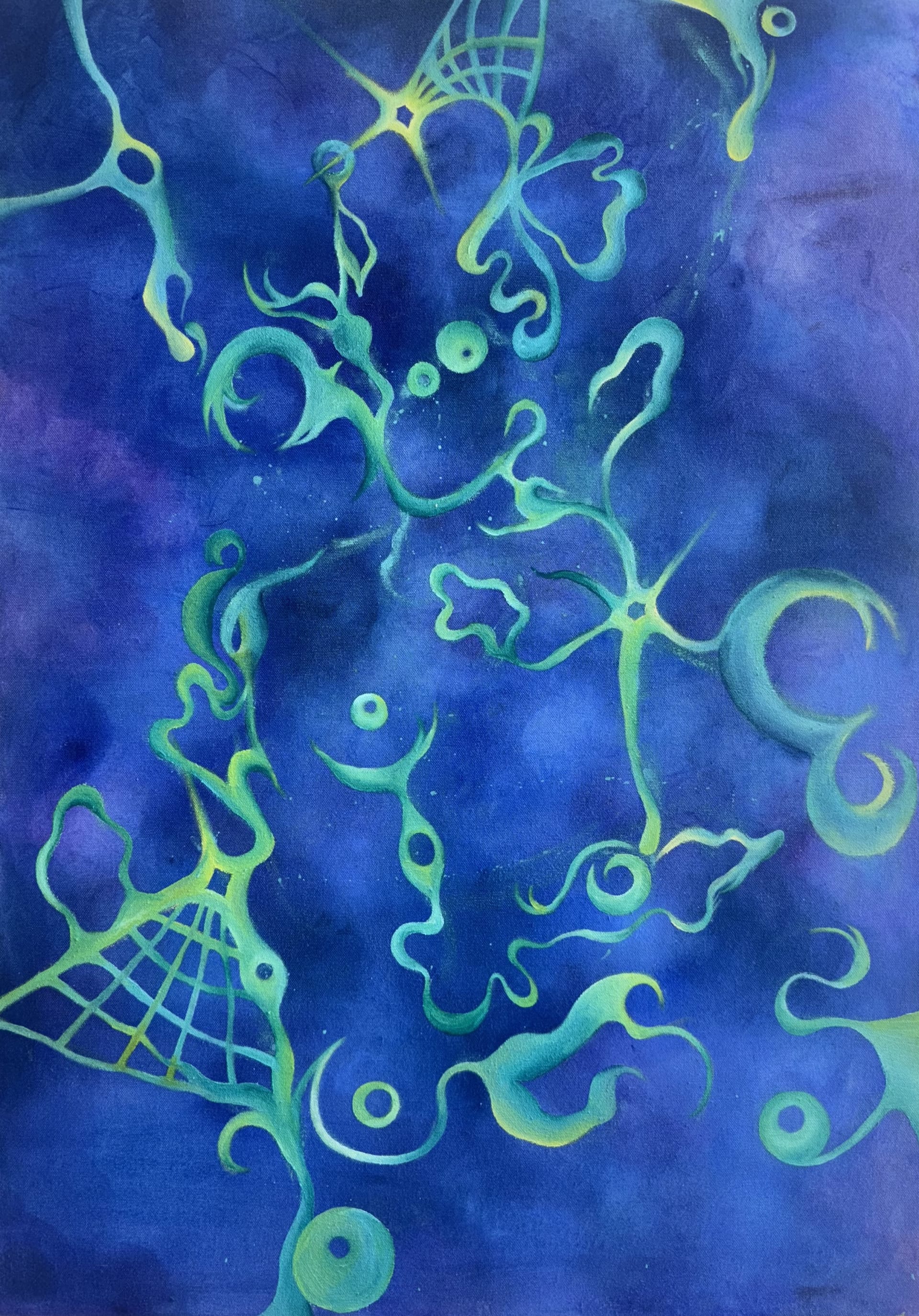 Abstract human figure subtly emerges from green, wave like lines layered over a deep blue background.