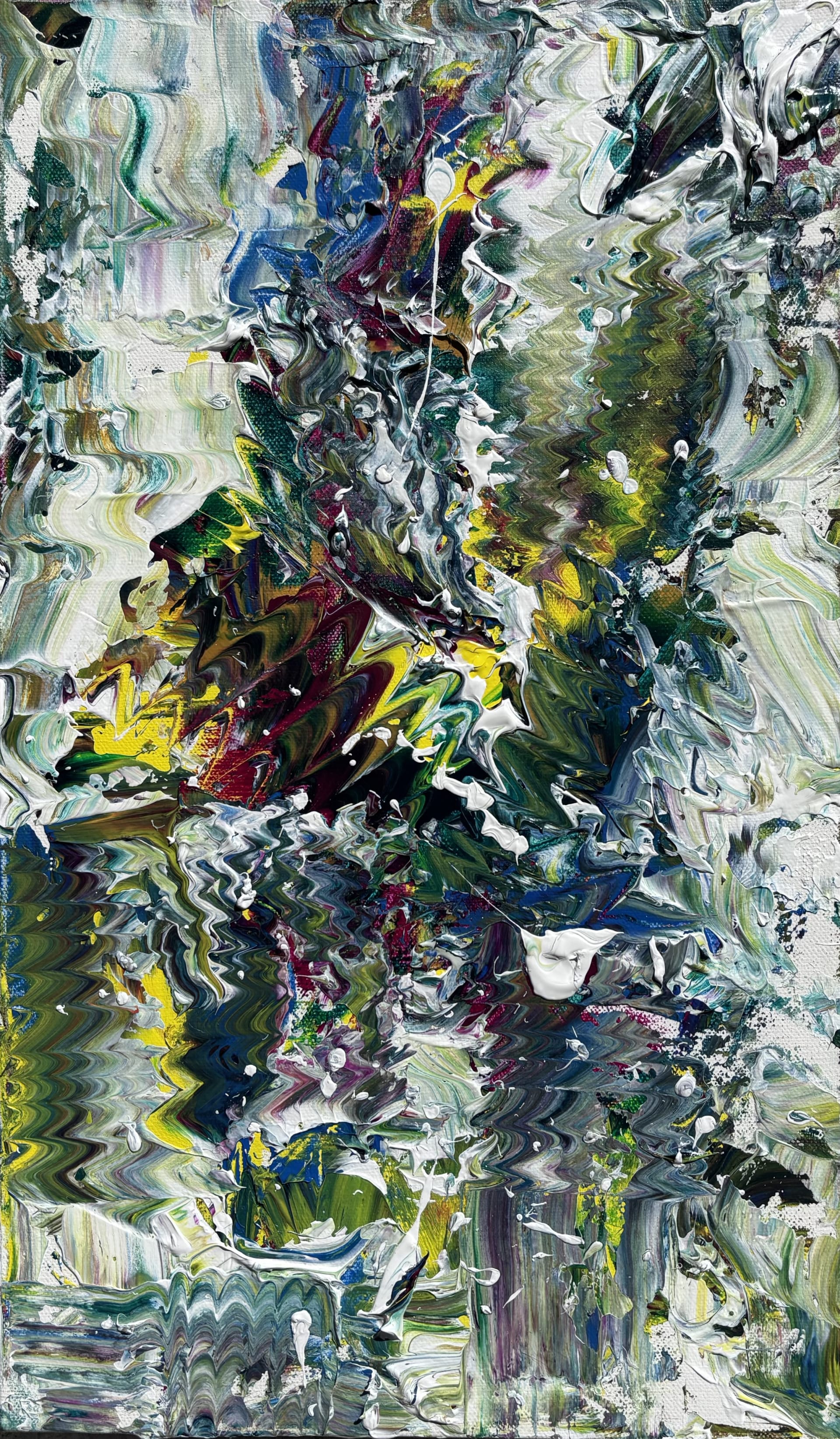 Colors blend and ripple across the canvas in a gestural, wave-like abstract painting.