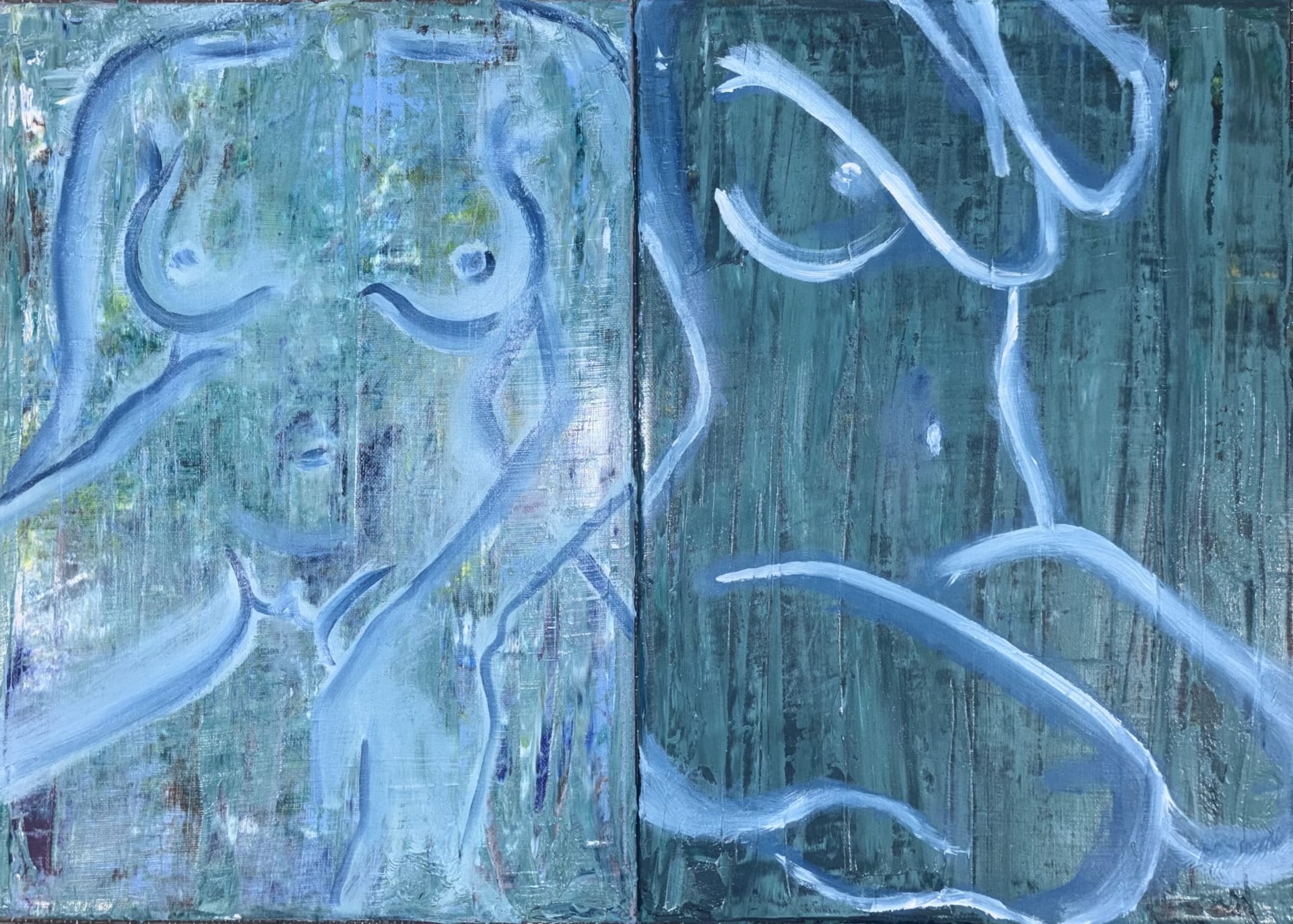 Two connected abstract painting depict nude women seated in still poses.