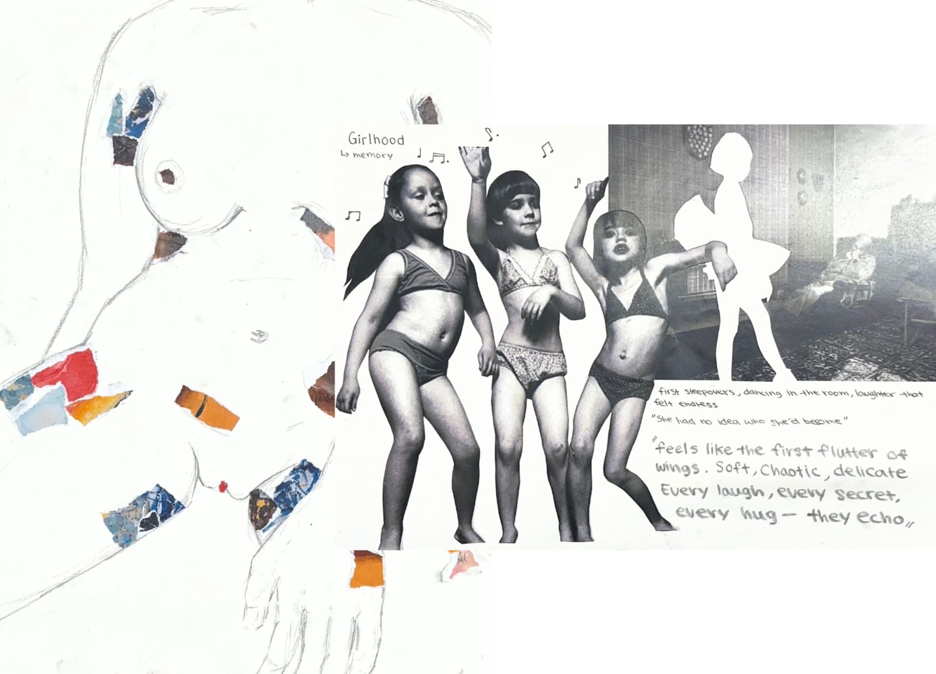 A naked women figure slightly covered with torn papers (collage), layered with an image of three young girls dancing.