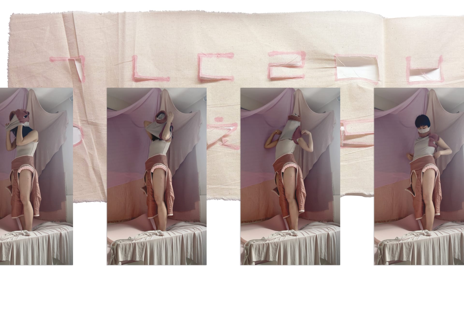 Four images documenting the process of putting on final garment top