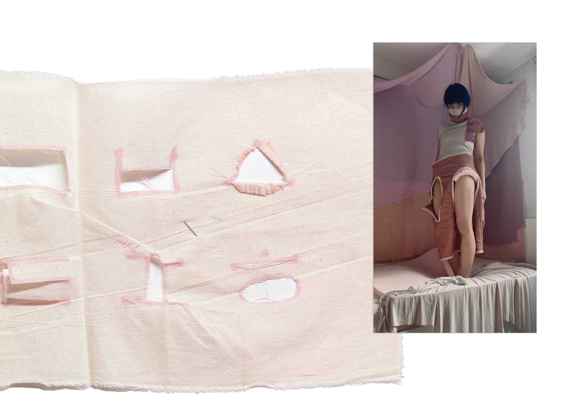 One image of model posing with final garment, over an image of a fabric sample