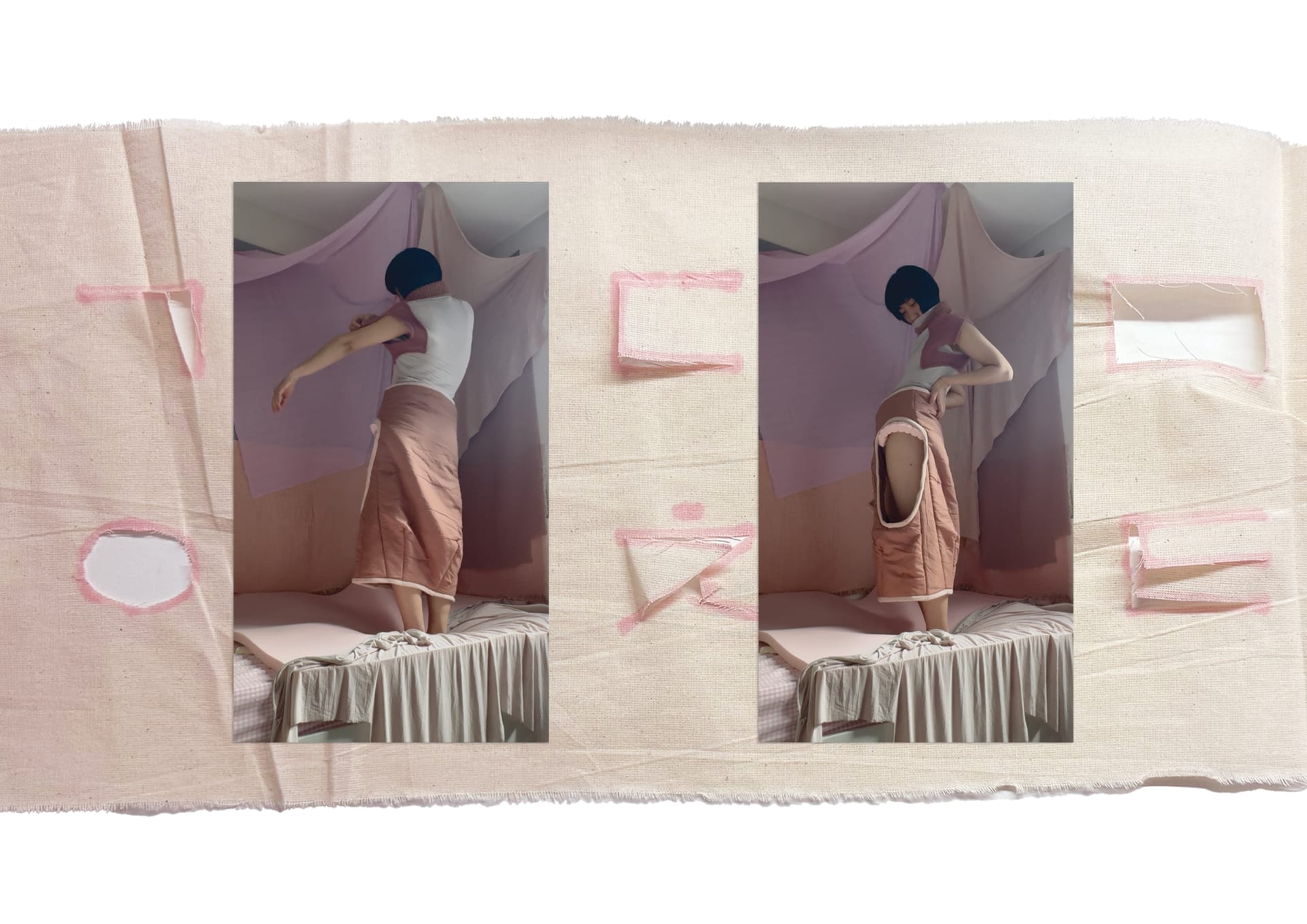 Two images of model posing with final garment, over an image of a fabric sample