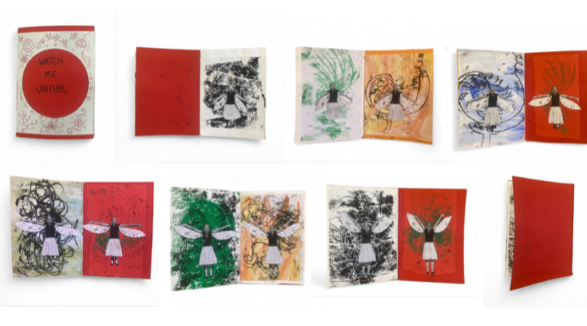 Book with prints as a background and a cutout figure on the pages