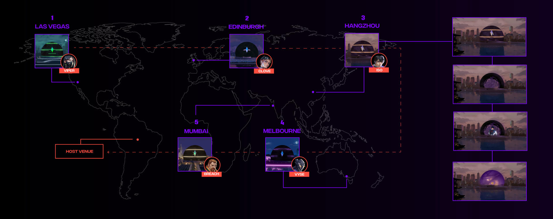 A digital illustration of Spheres in various cities, representing a global esports relay inspired by Valorant.