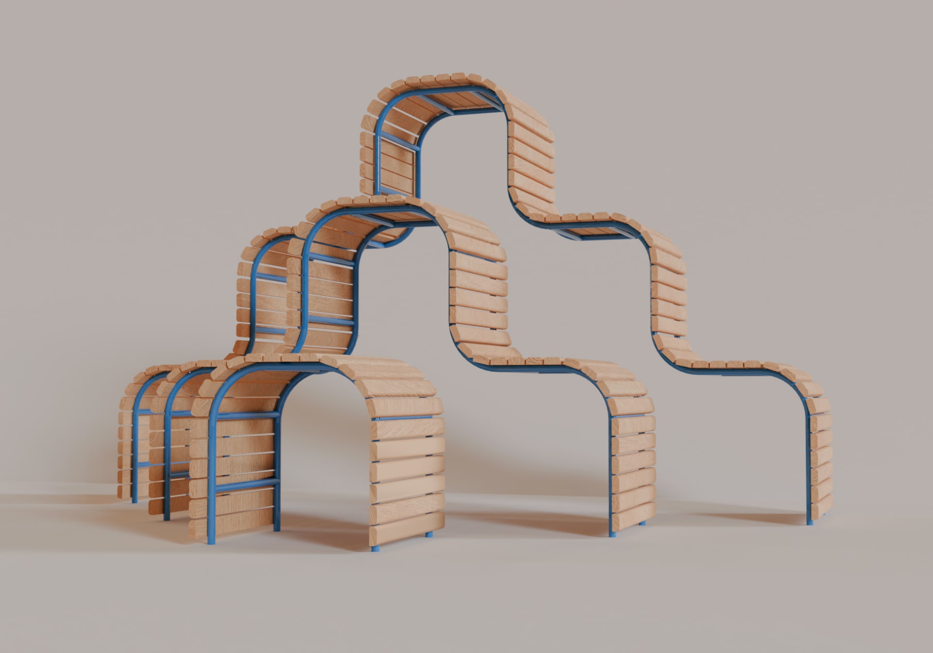 image of 3 piece wavy bench set made from wood planks and blue steel