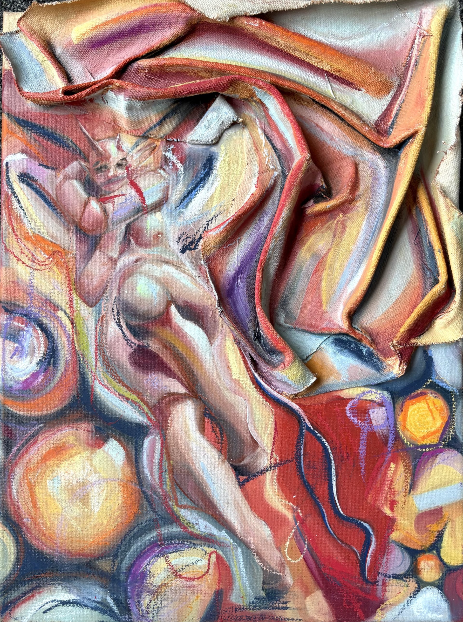 A3 painting of a compressed creature in a colourful environment 