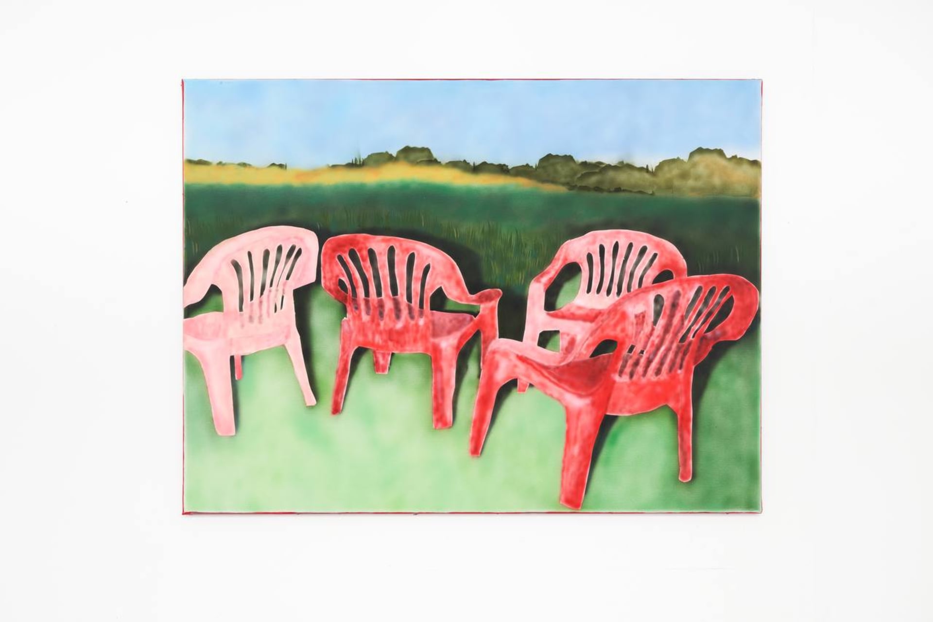 The painting features four red chairs set against a background of a green field and a blue sky. It includes a light flash effect.