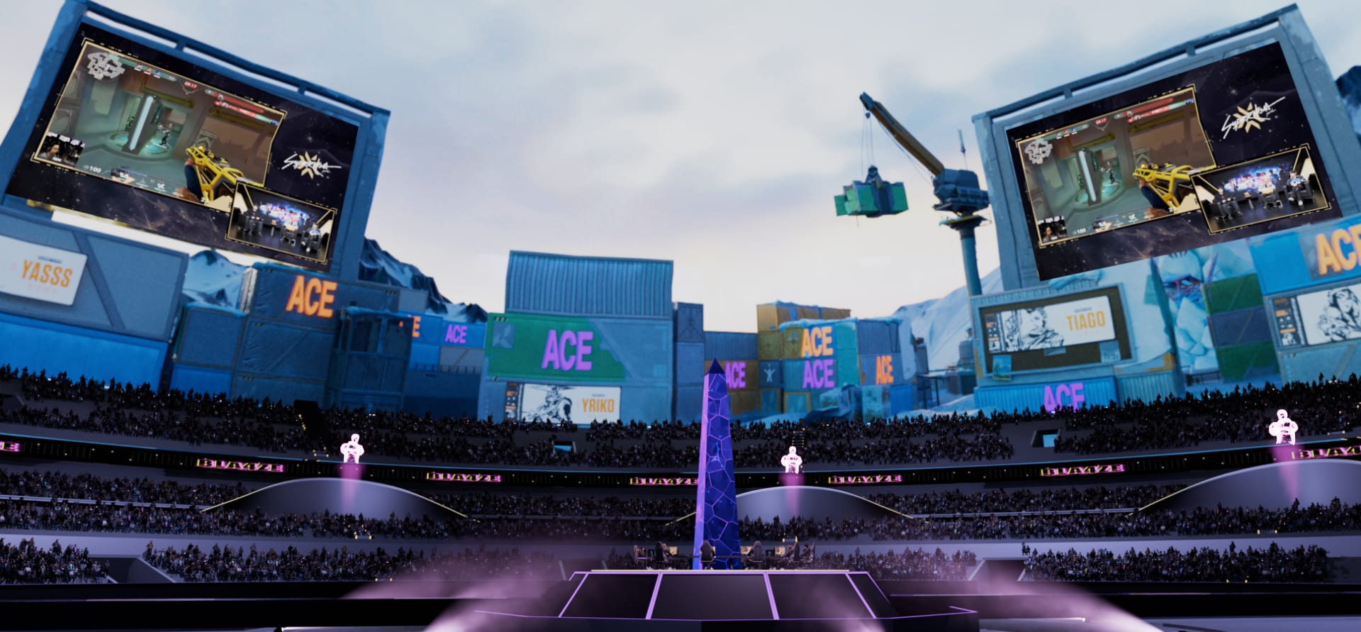 A wide view of a digital esports arena showing gameplay on giant screens, with holographic projections.