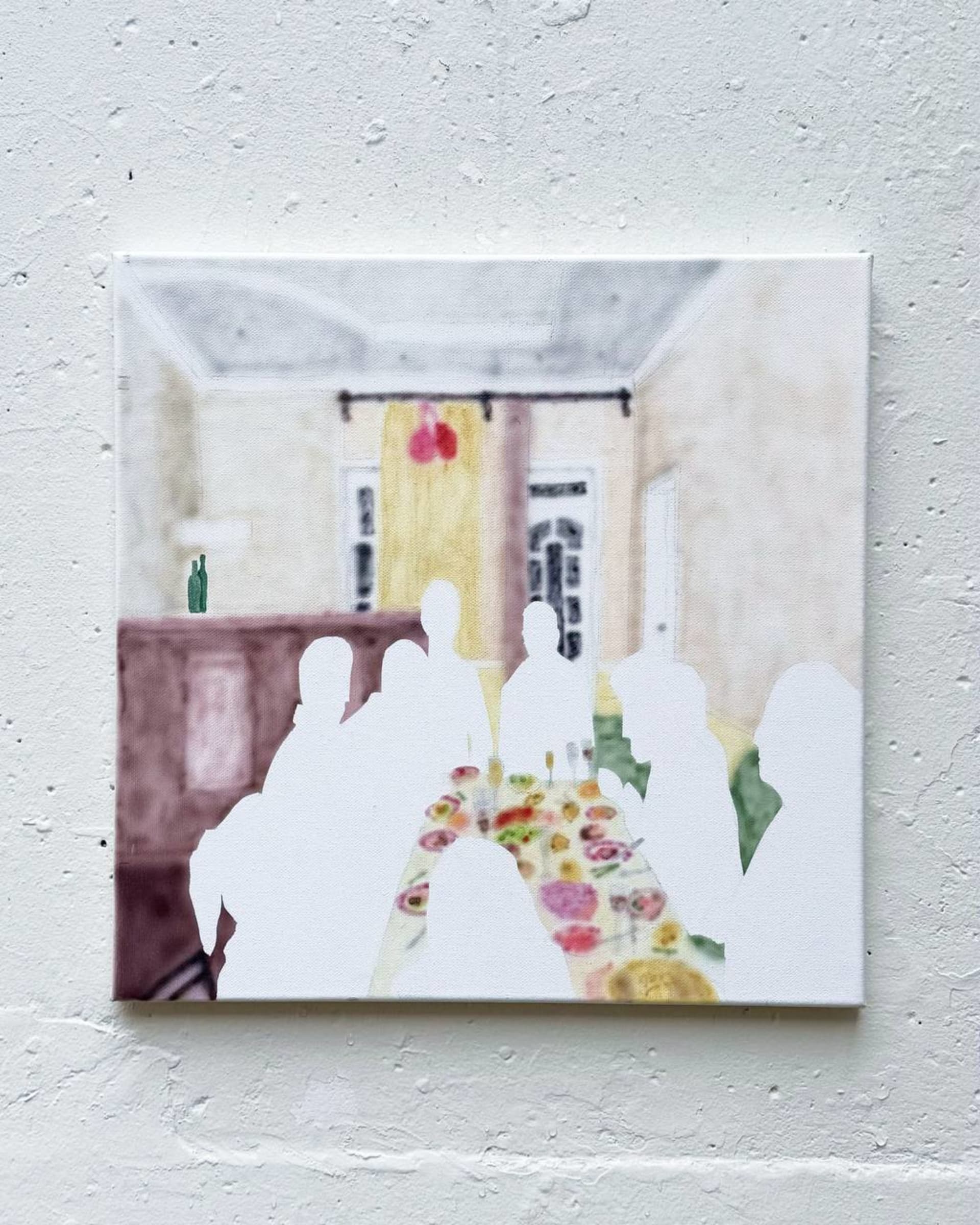 The painting shows a room with a festive table and people painted in a solid white color.