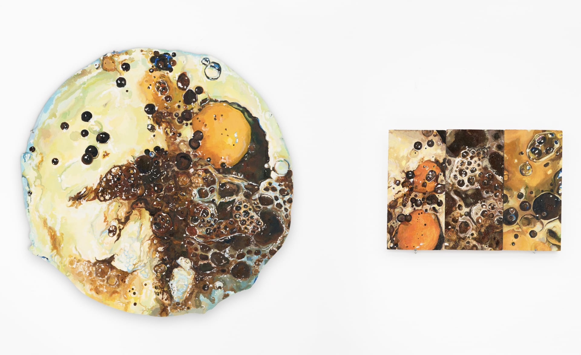 On the left a 36 x 36 cm circular oil painting of unmixed ingredients, on the right, a tryptic of zoomed in oil paintings originating circular piece.