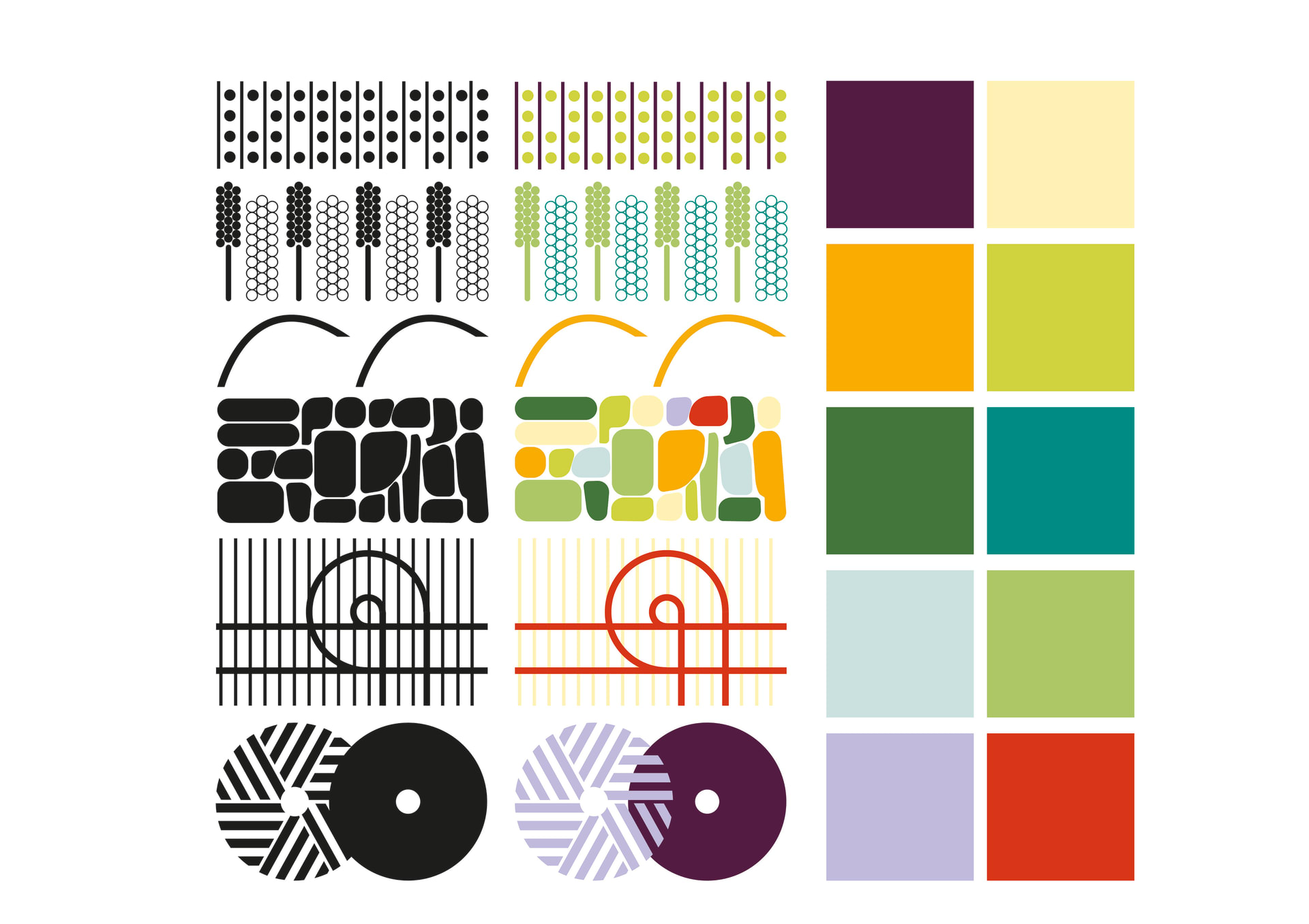 Pattens of wheat growth made. from lines and circles in black and white and colour.