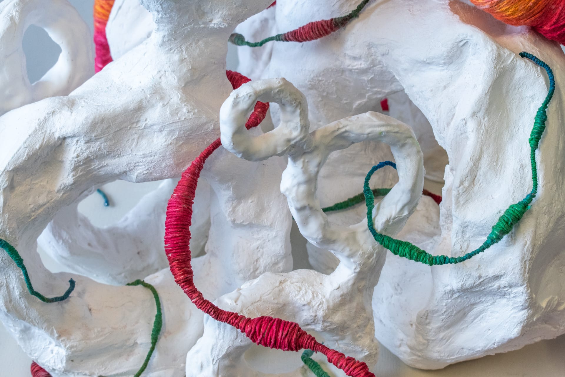 Biomorphic shapes with a parasitic tapeworm moving through the sculpture