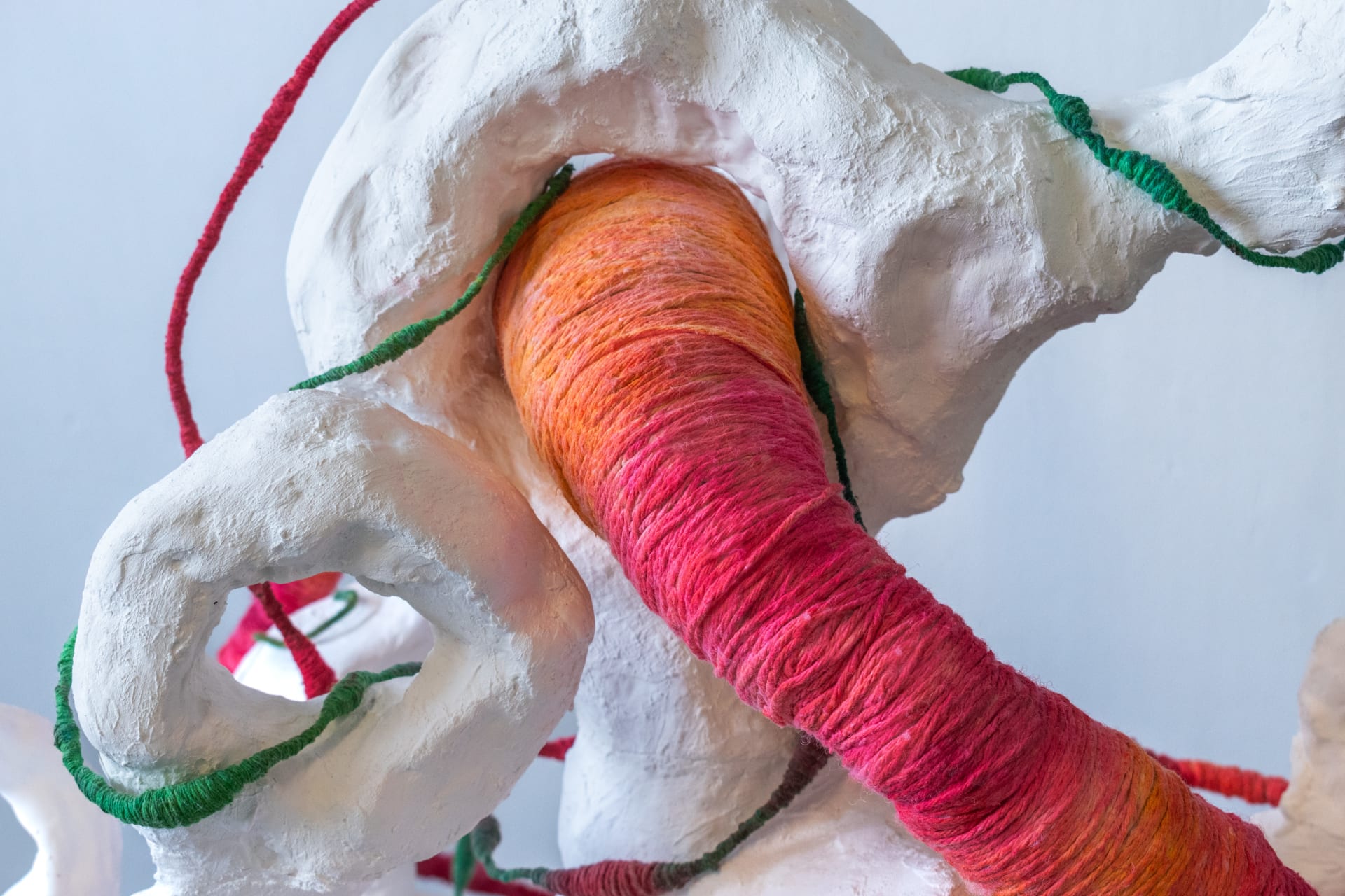 Biomorphic shapes with a parasitic tapeworm moving through the sculpture