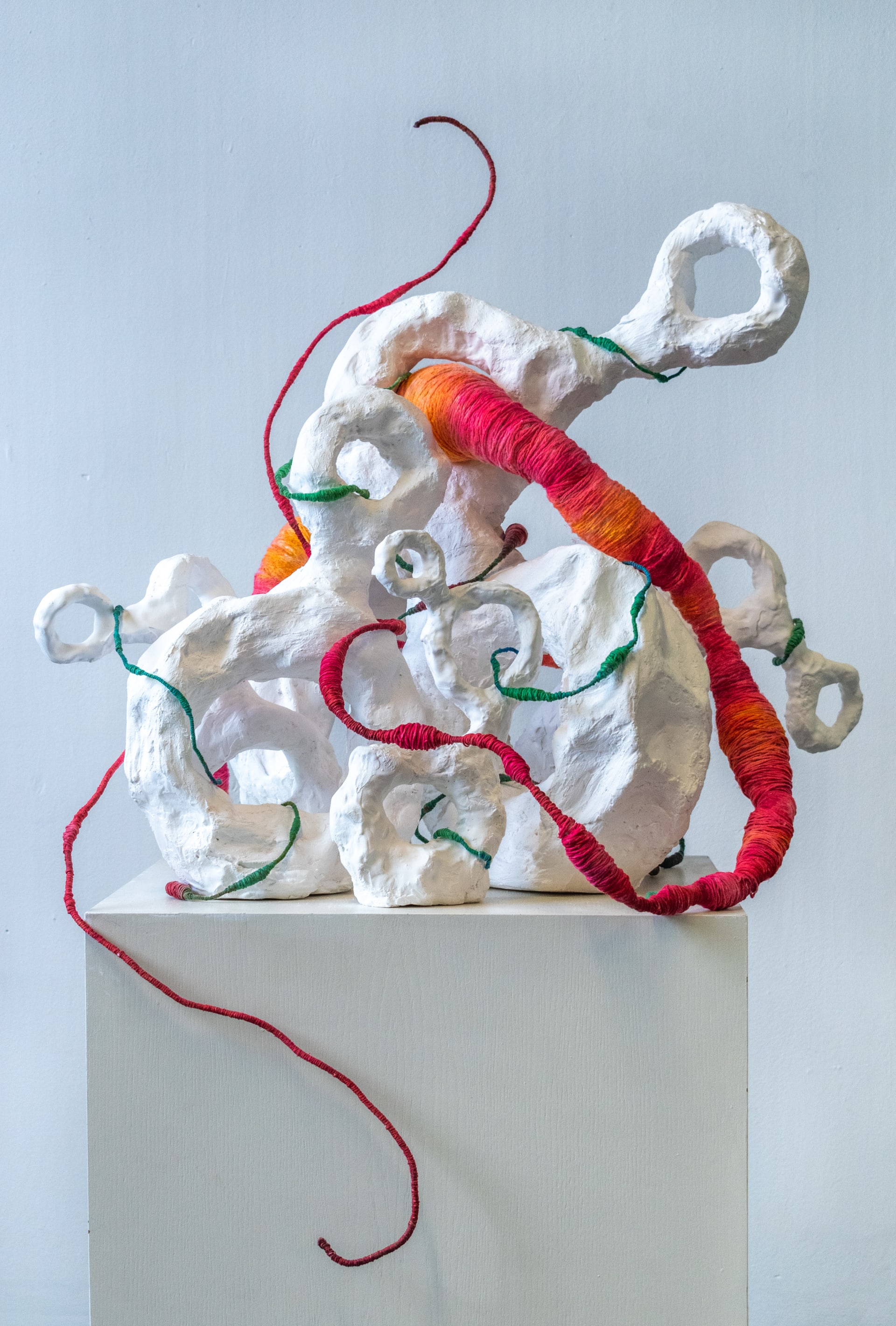 Biomorphic shapes with a parasitic tapeworm moving through the sculpture