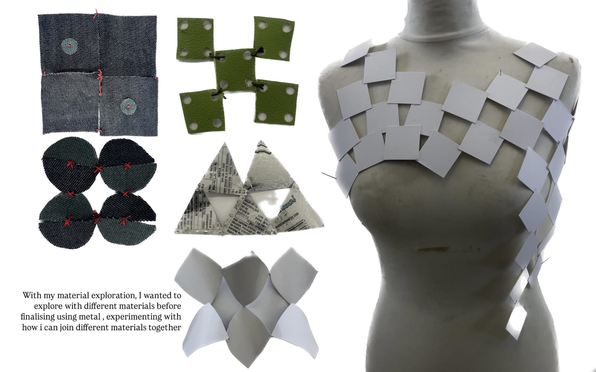 draft of final outcome, made from paper. And exploration of tessellations using materials such as metal, denim and leather 