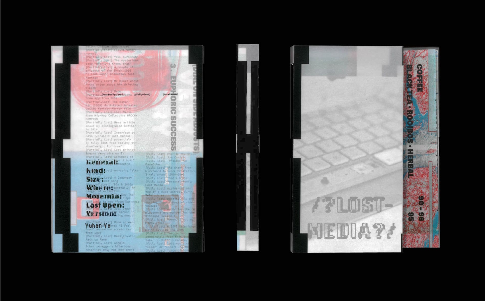 The images show a self-published riso-printed book titled ?LOSTMEDIA?. The cover combines overlaid, glitchy digital textures with pixelated typography