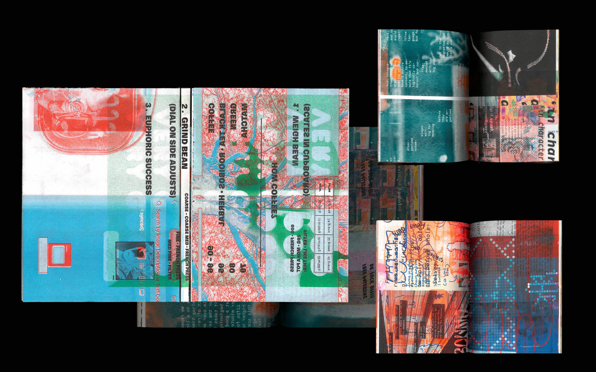The second book is riso archive with chaotic graphic layouts—overlapping images with vibrant colors.