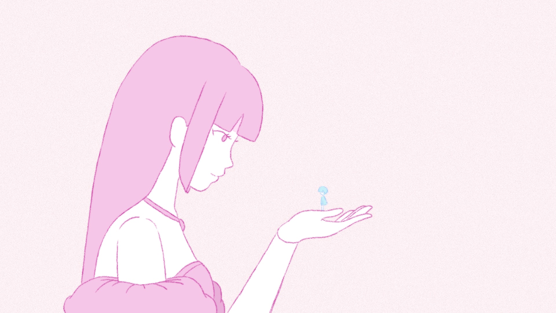 A still from the film where the doll has come to life and is holding the boy in her palms