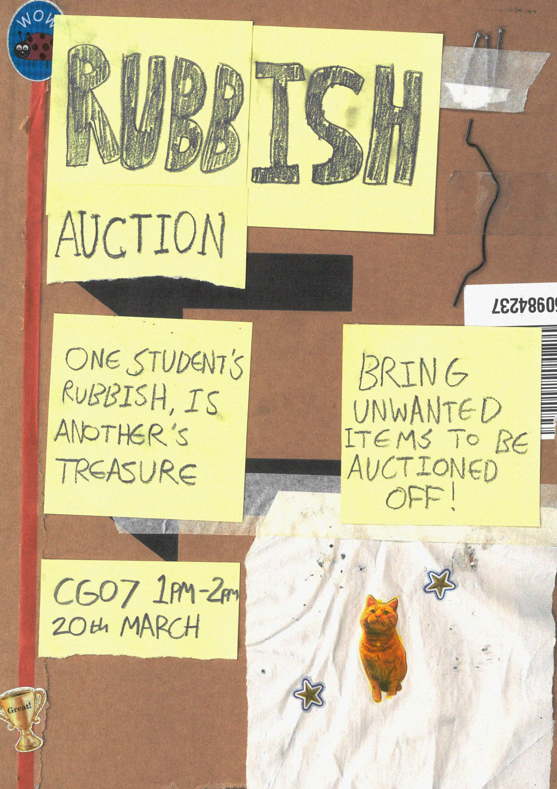 A poster, made out of cardboard and post-it notes, advertising the Rubbish Auction
