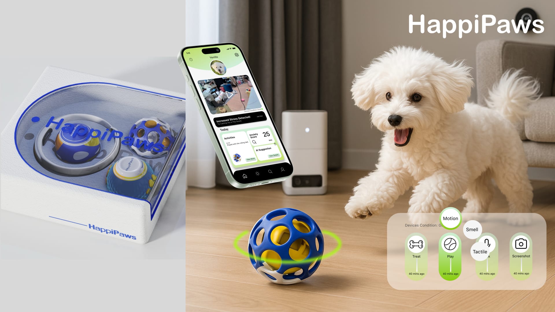 Dog playing with a blue sniff ball next to the HappiPaws smart toy box and app interface, showing how AI-triggered calming toys work in real-time.