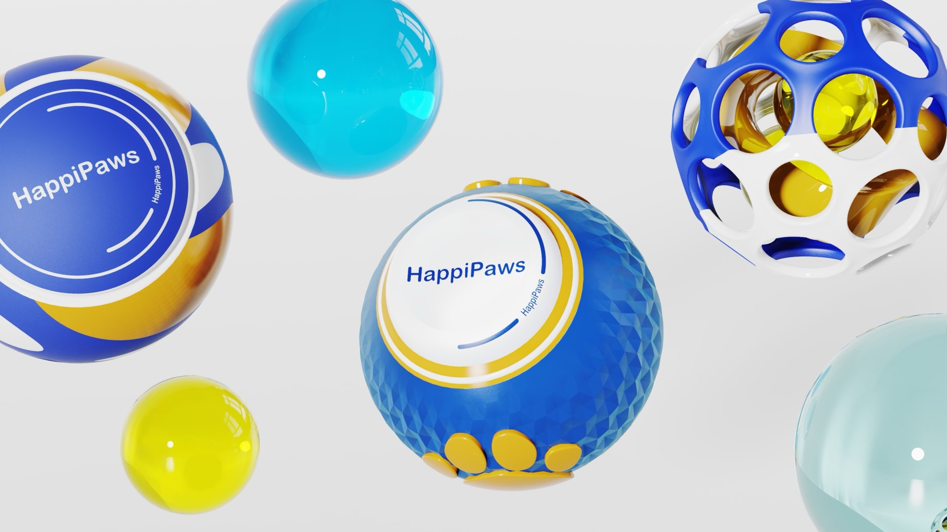 Rendered image of the HappiPaws AI Toy Set. A white box with a transparent lid displays three colourful interactive balls and a smart collar designed 
