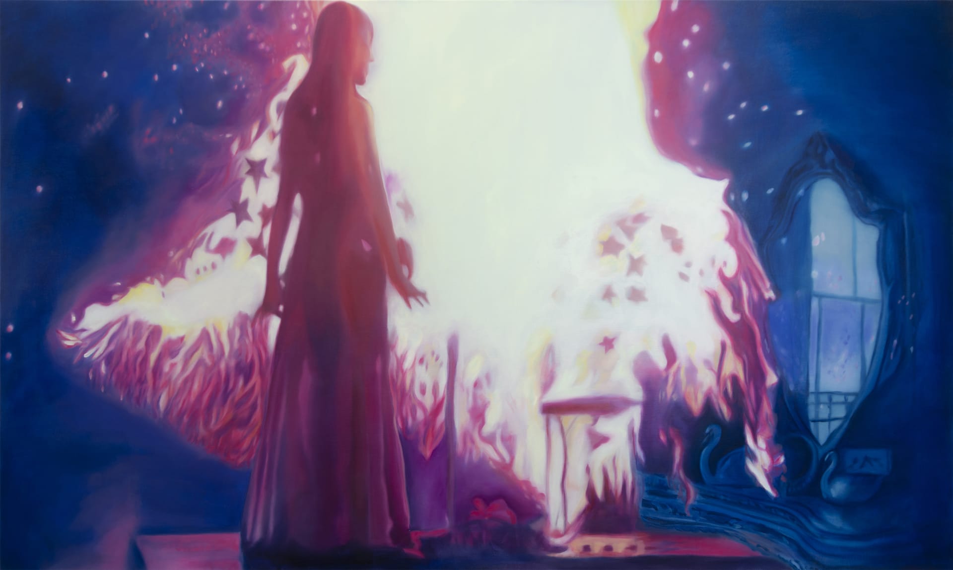 Oil on linen painting depicting a scene from Carrie, where she is standing silhouetted by fire, with an image of a vanity layered on top.