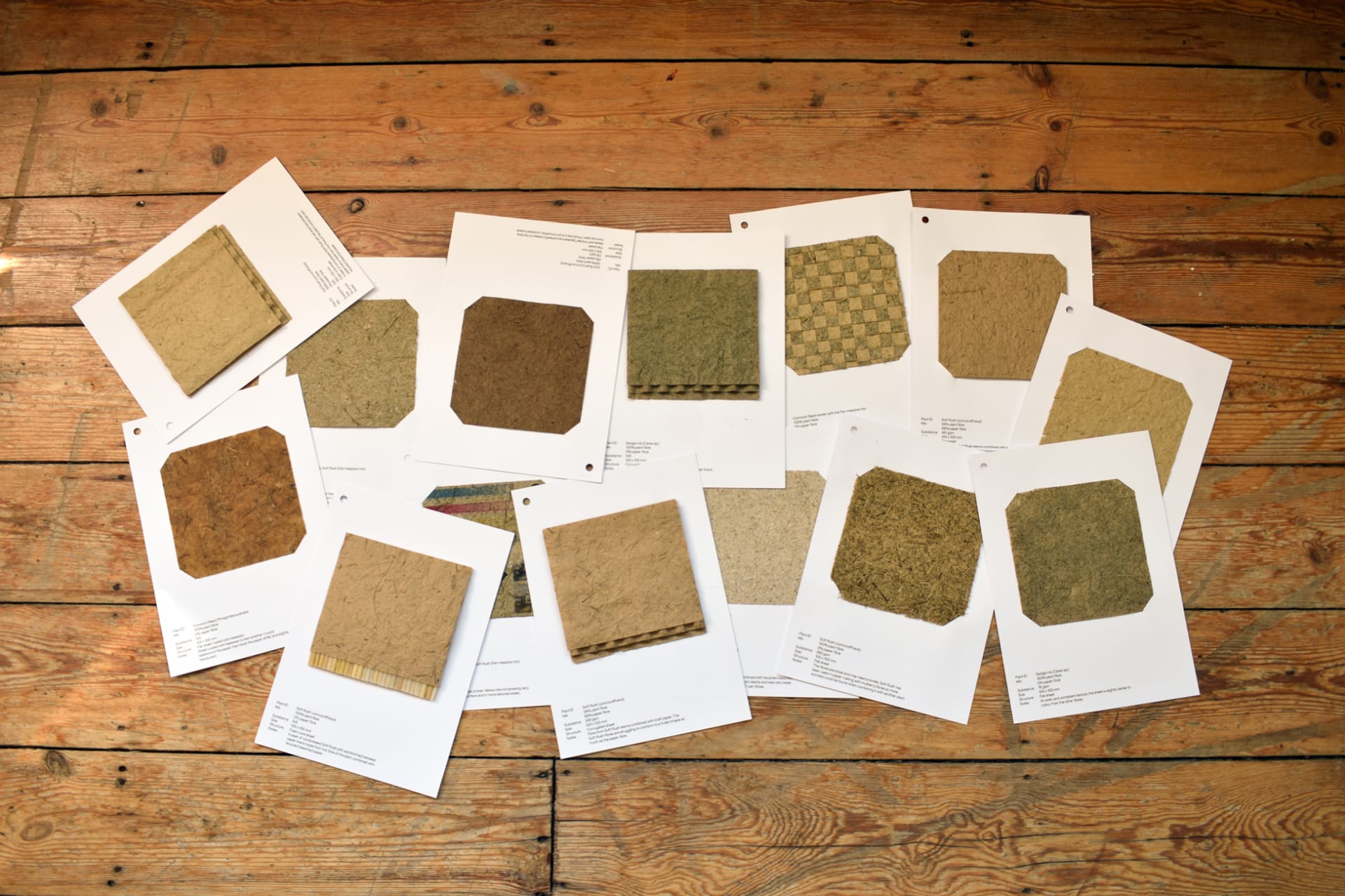 Paper samples mounted on white A5 sheets on a wooden floor