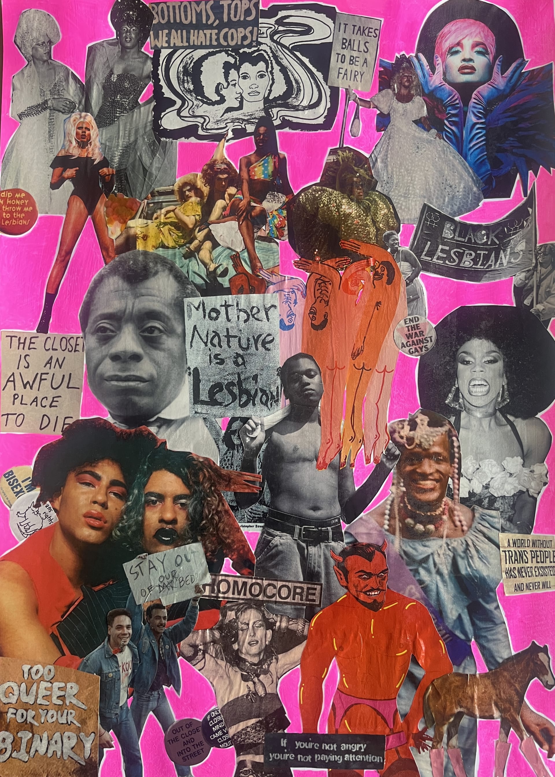 A collage of queer media with pink acrylic paint filling in any blank spaces.