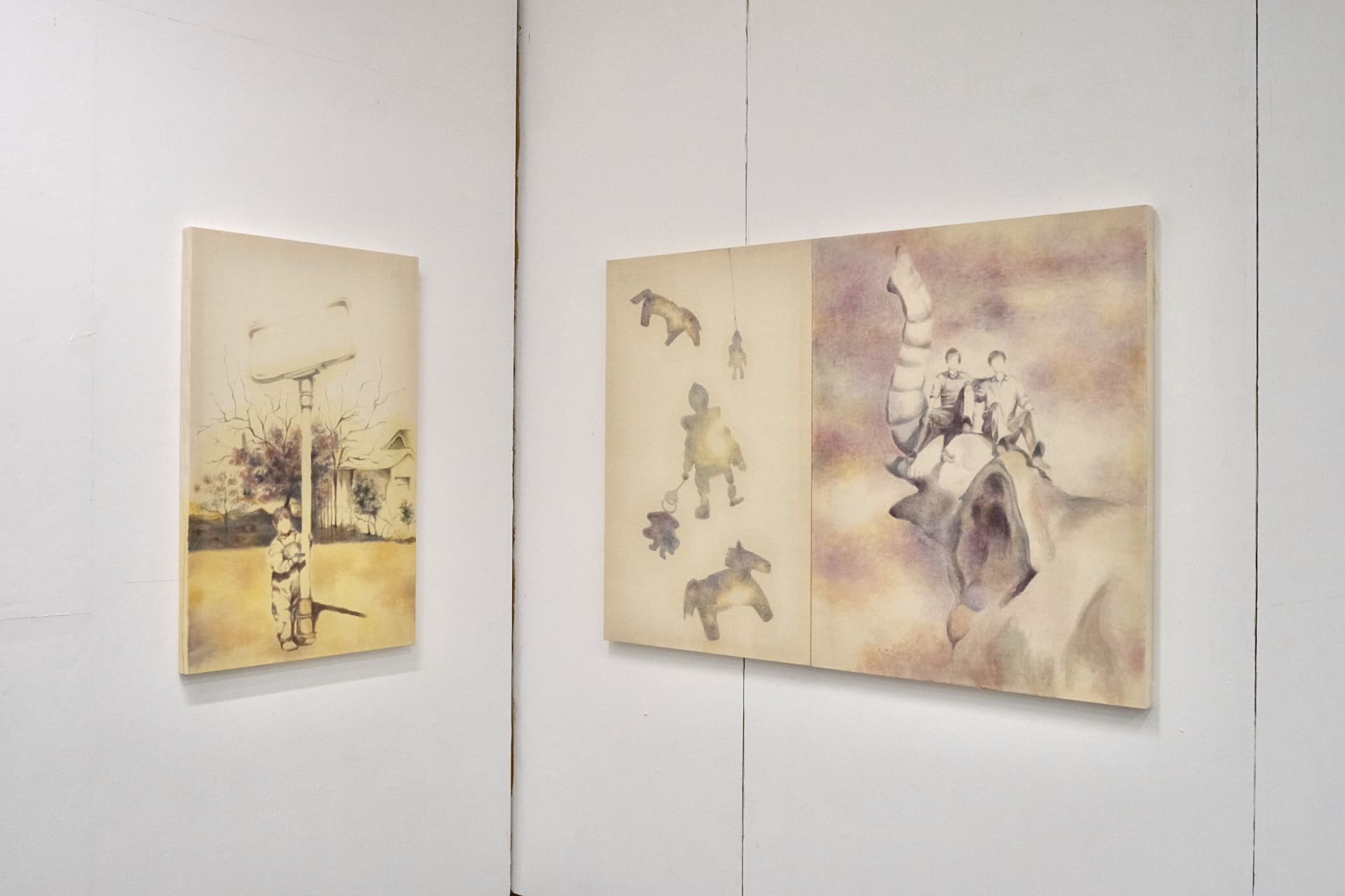 Three paintings of people and toy silhouettes 