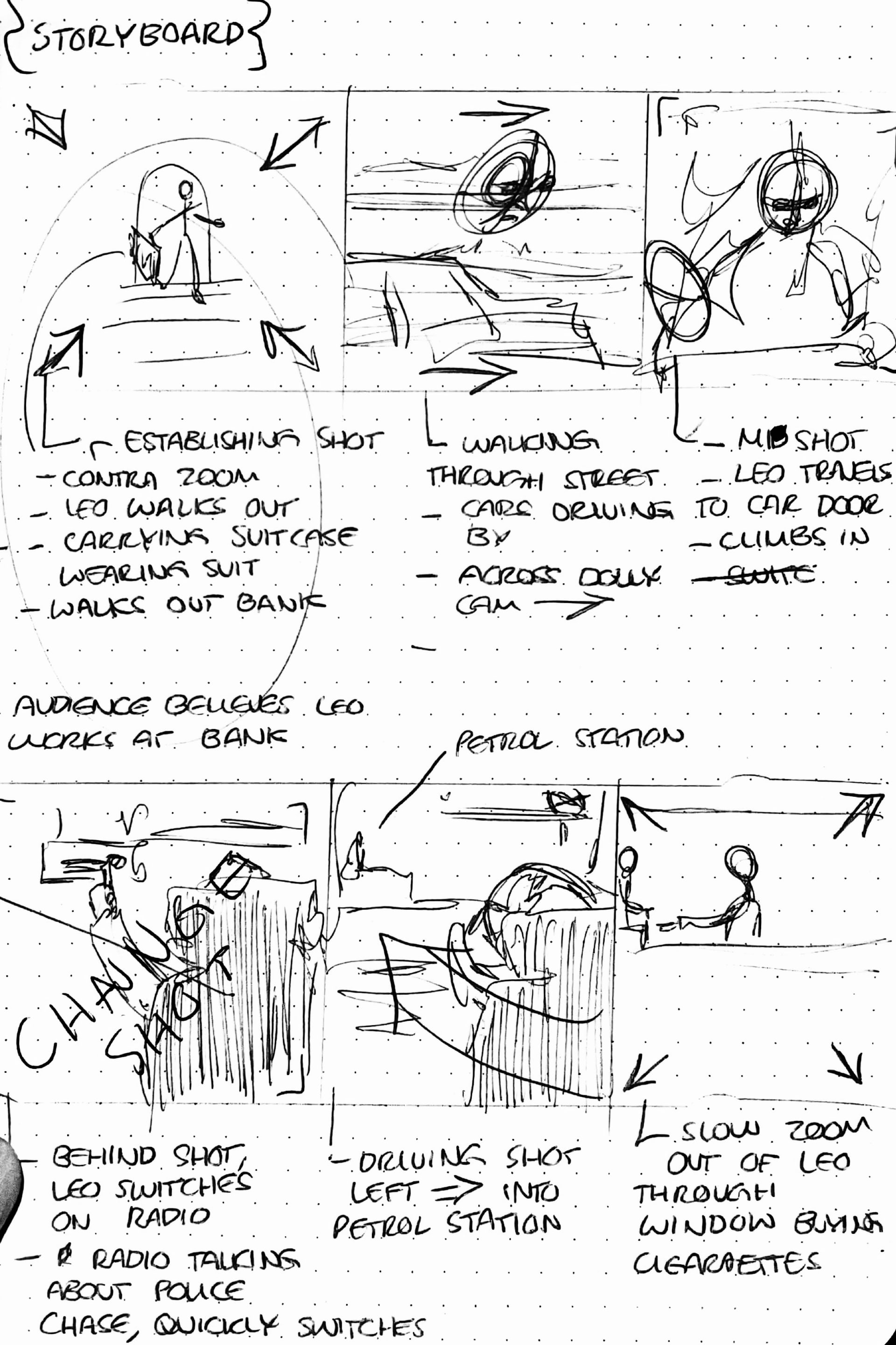 black and white drawings of storyboard detailing scenes from film.