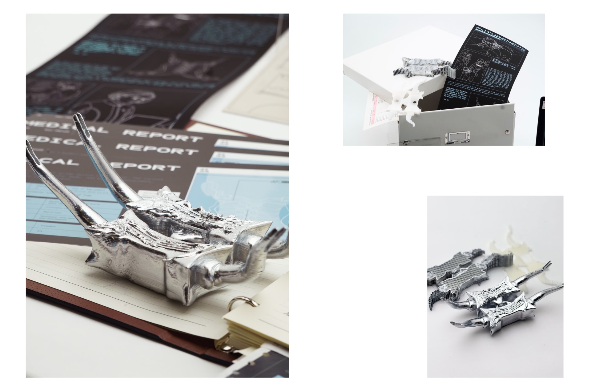 Several spine segments, each pencil-length, rest near a binder and documents. Some are smooth metal; others, rough plastic with sharp spikes.