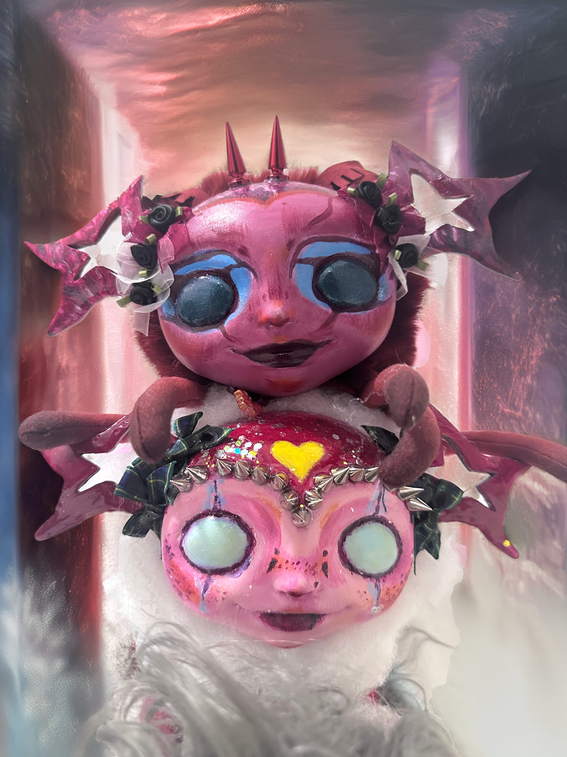 Image of 2 Frogusus sculptures with AI generated environment.