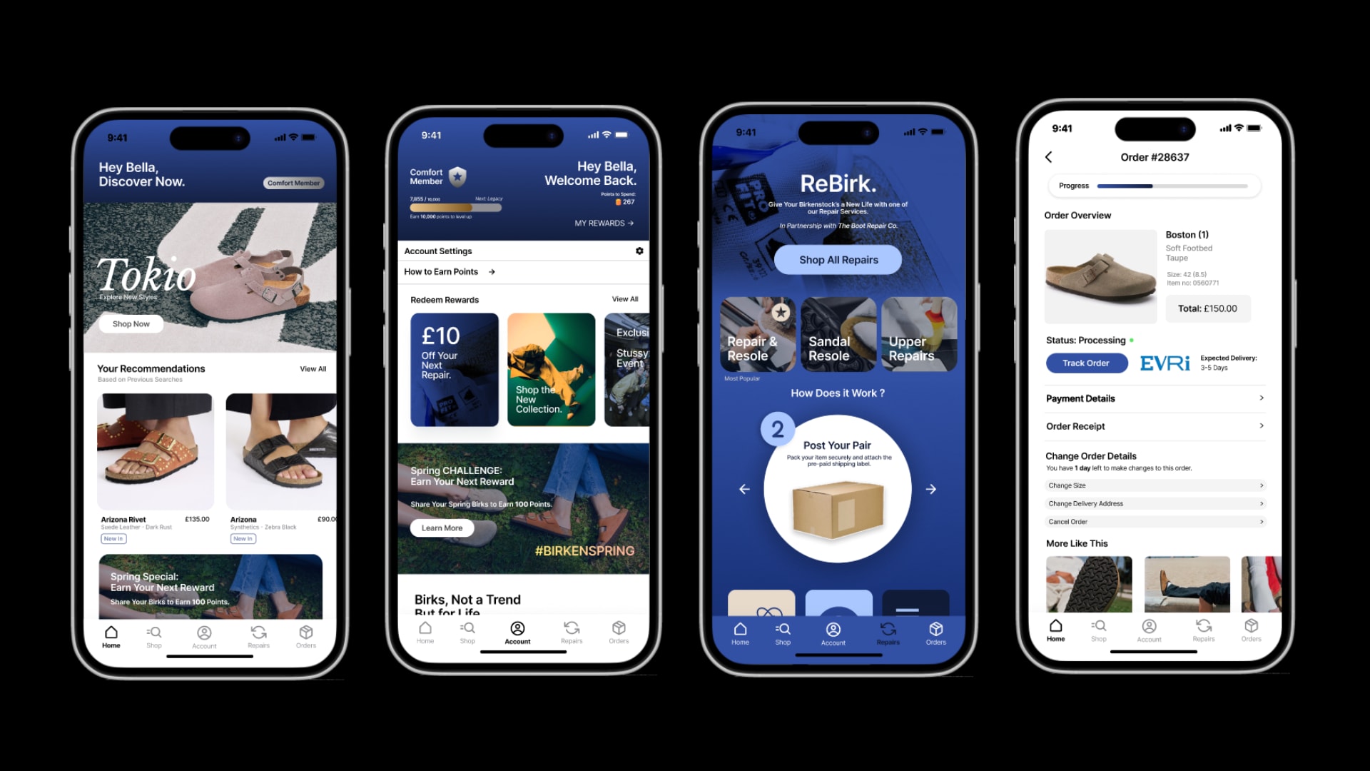 Images of the Birkenstock App inside Iphone Mock-ups