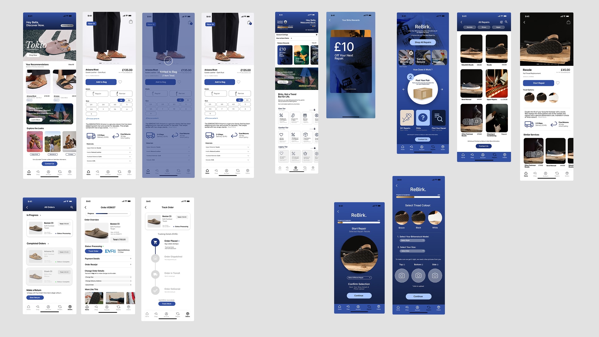 A flat lay of all the UX page designs for the Birkenstock app.