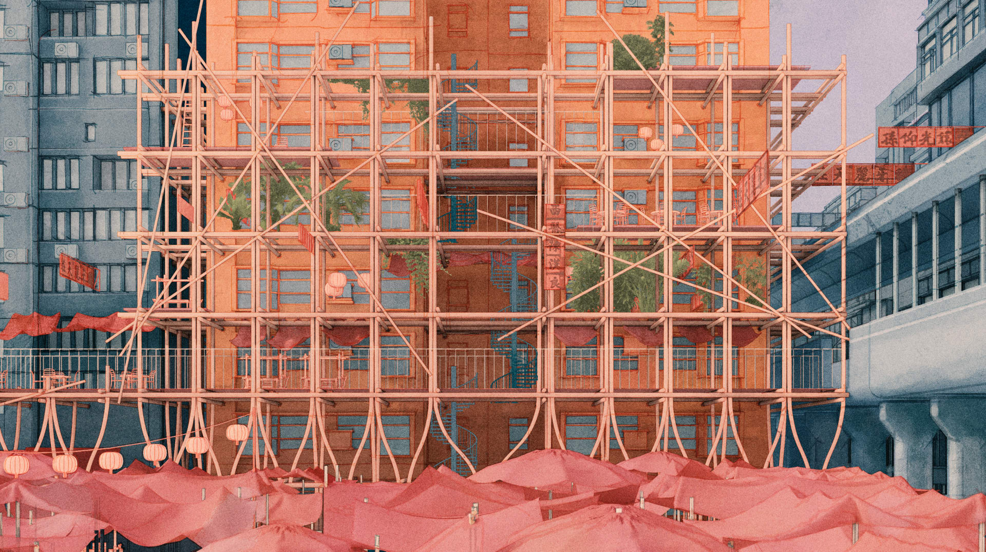 Scaffolding becomes part of the facade - activity activates the building 