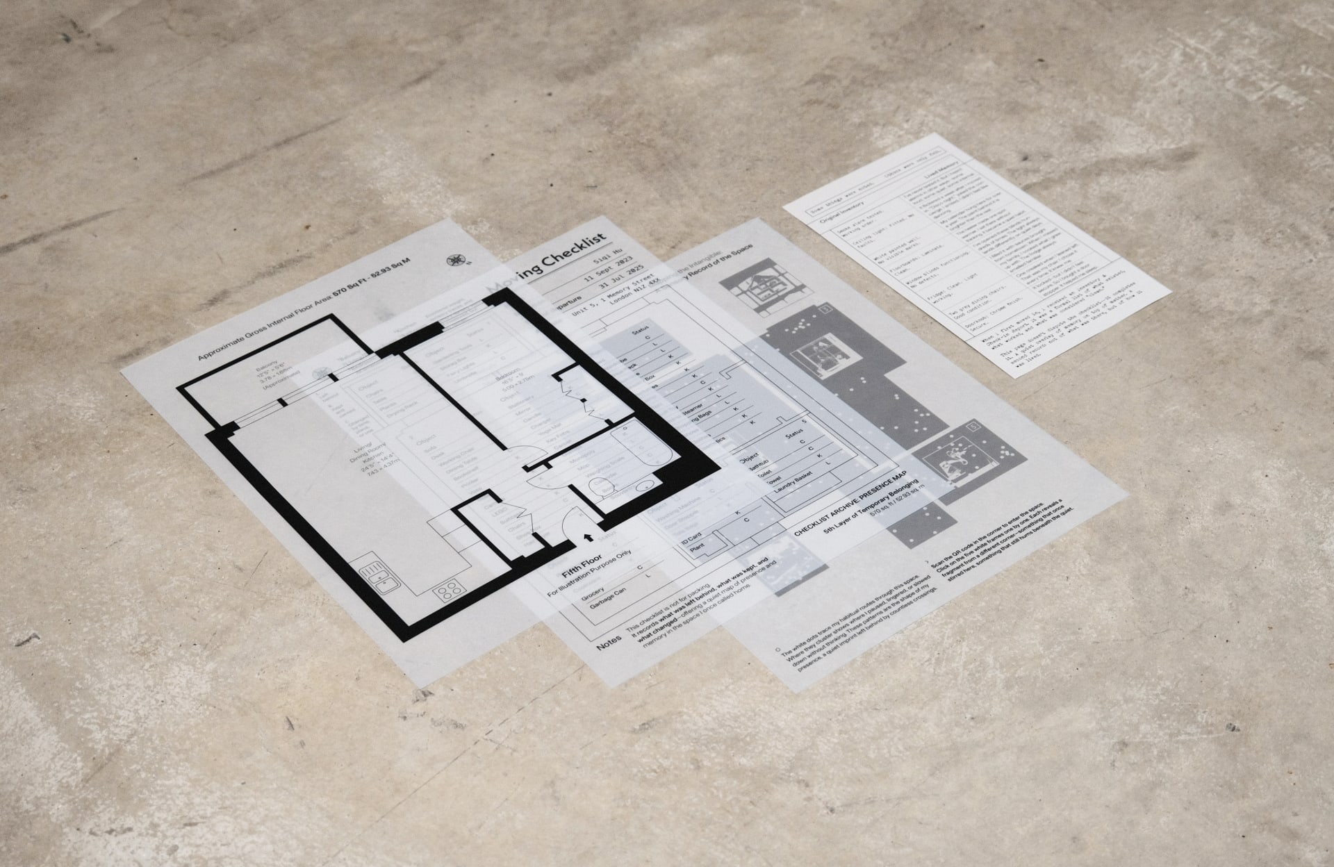 A layered, translucent checklist maps the intangible traces of home—habitual movements, sensory imprints, and overlooked objects.