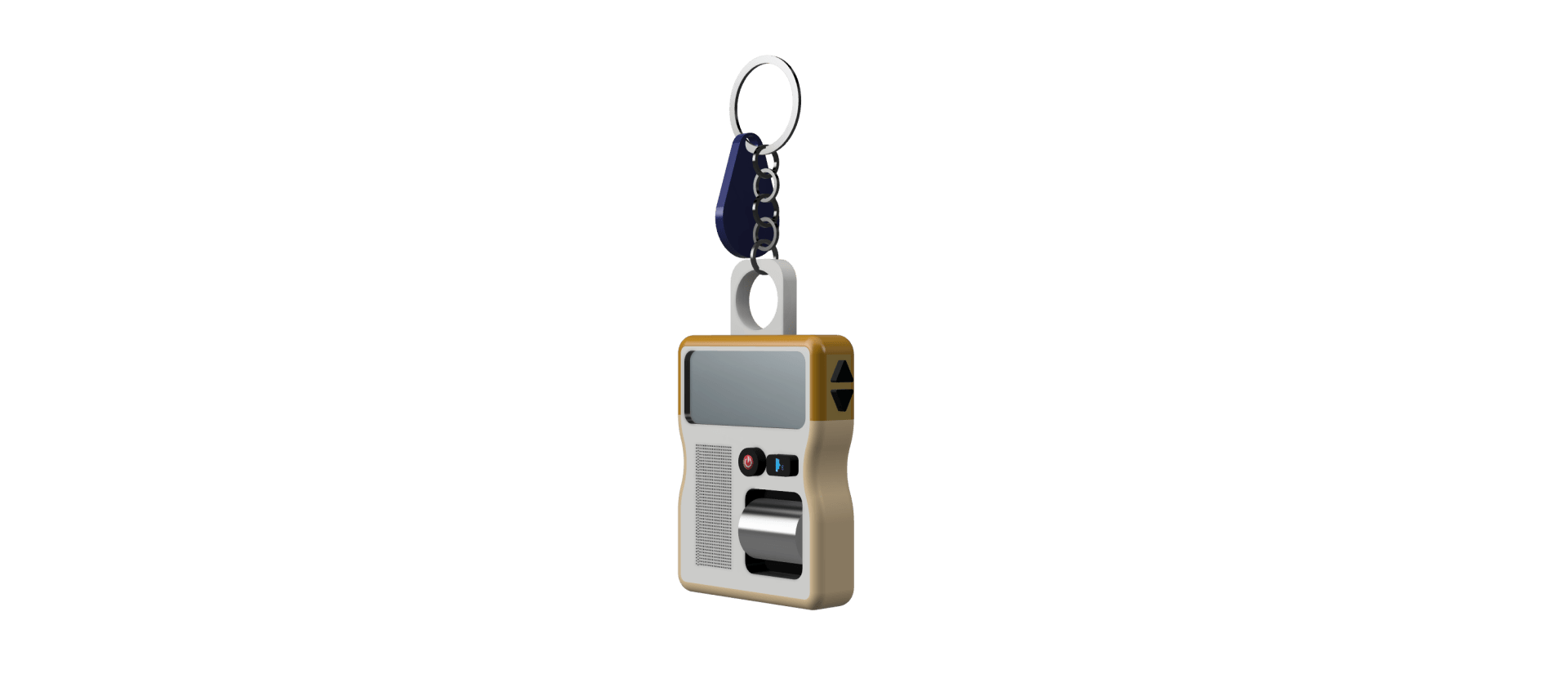 The beacon device attached to a key chain.