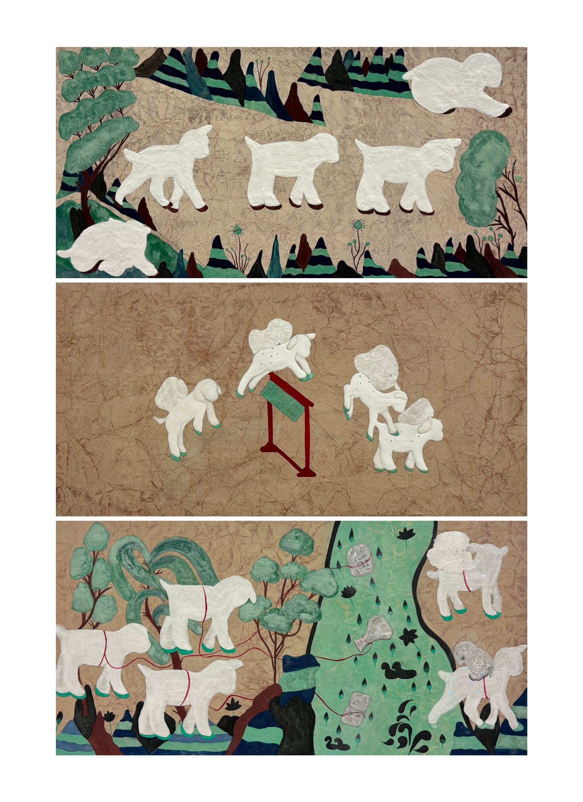 A vertical painting composed of three stacked scenes in a dreamlike landscape. Stylized white sheep figures move through simplified trees and mountain