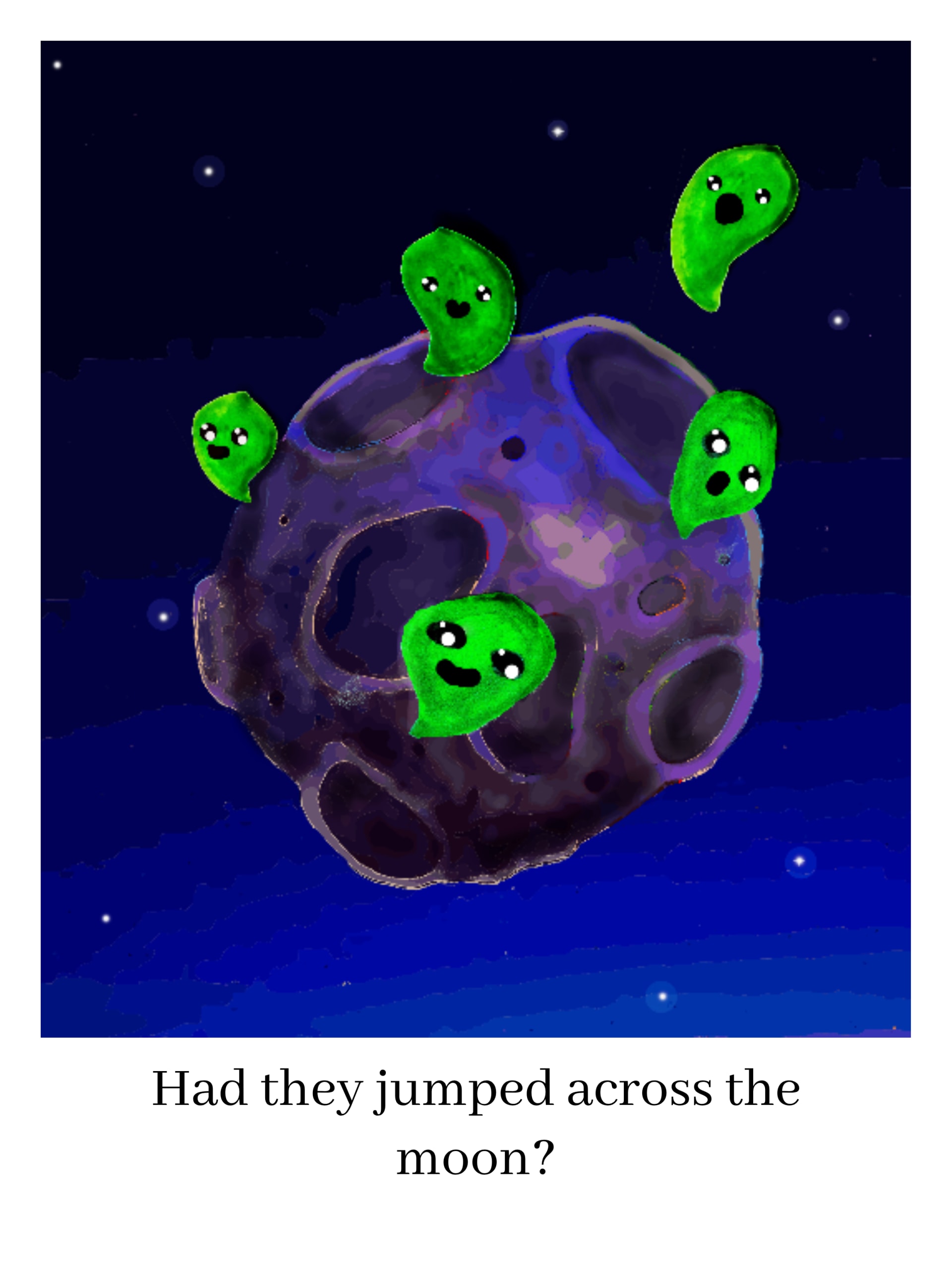 Five cute, green leaves with expressive faces float joyfully around a purple cratered moon against a starry night sky
