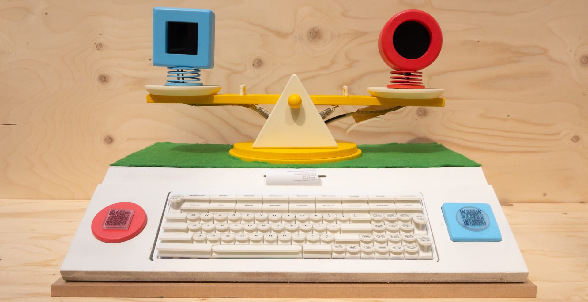 A playful, interactive installation resembling a miniature seesaw sits atop a white pedestal. 