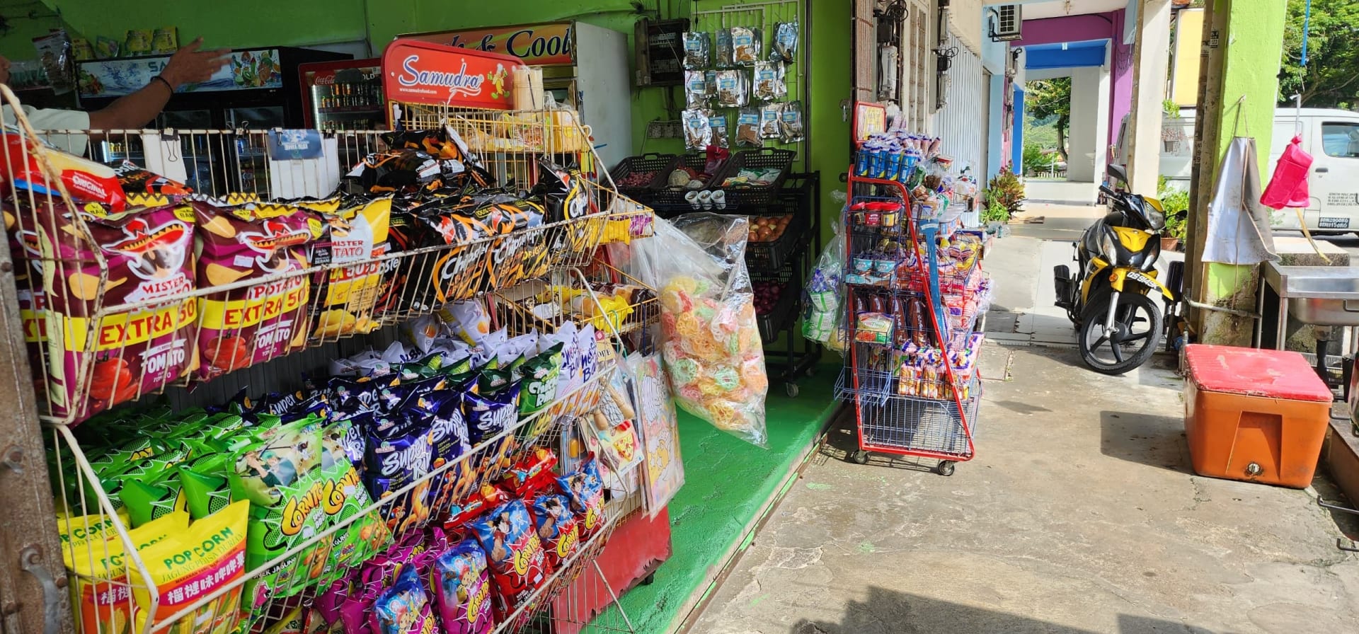 Shelves and Products being displayed at the shopfront of Kedai Runcit
