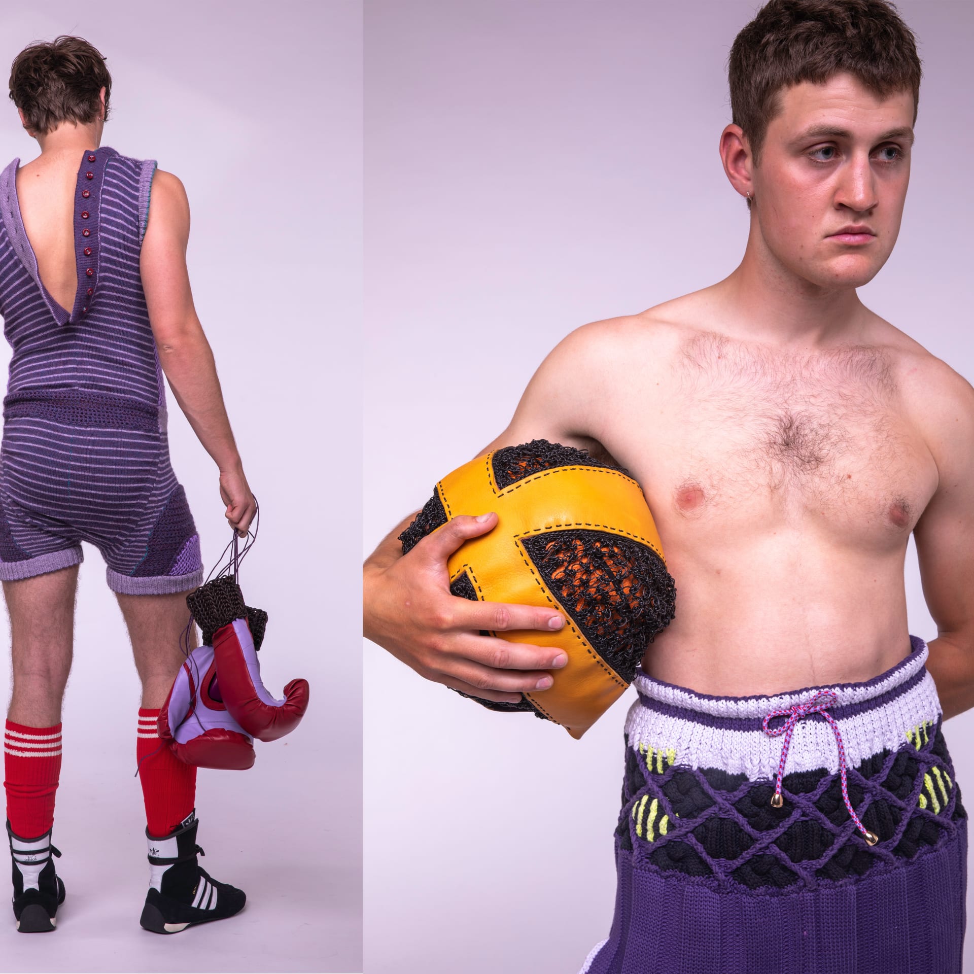 A split image with a 2 men dressed in purple knitted sportswear. They wear joggers and a bodysuit holding a knitted yellow ball bag and red boxing glo