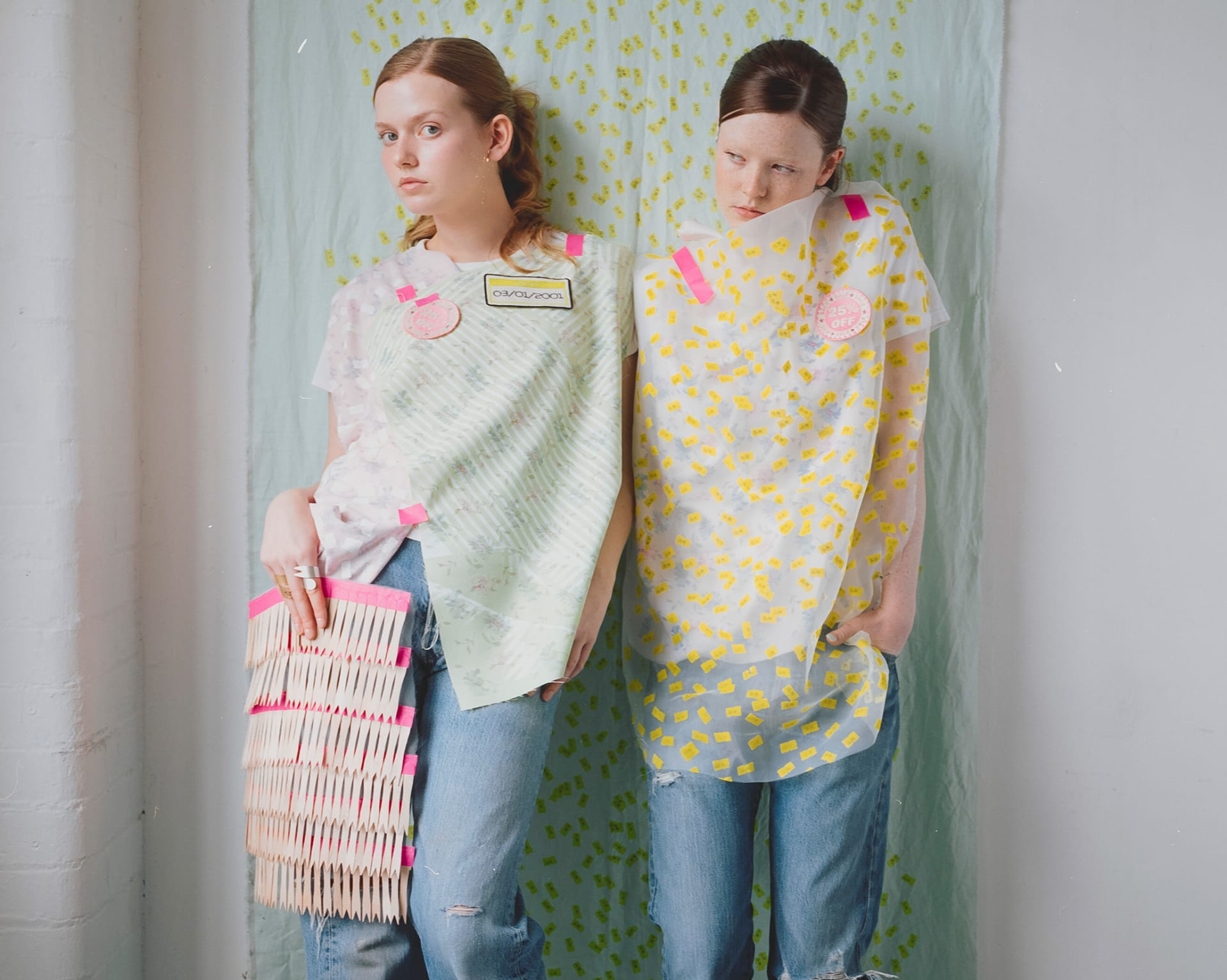 models wearing screen printed samples in a studio setting