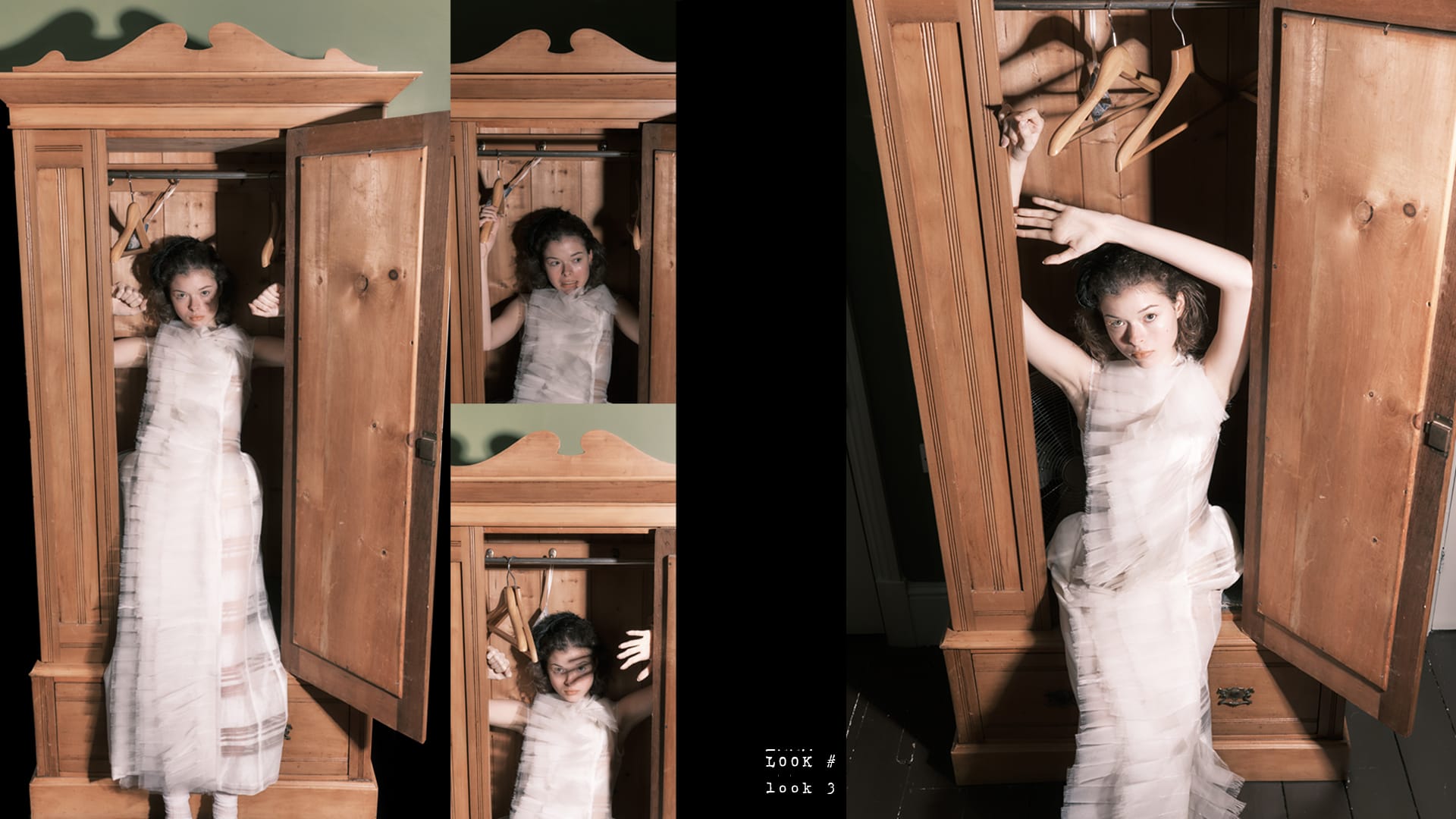 model interacts dynamically with the wardrobe doors—sometimes framed within them, sometimes pressing against them, sometimes peering through the shape