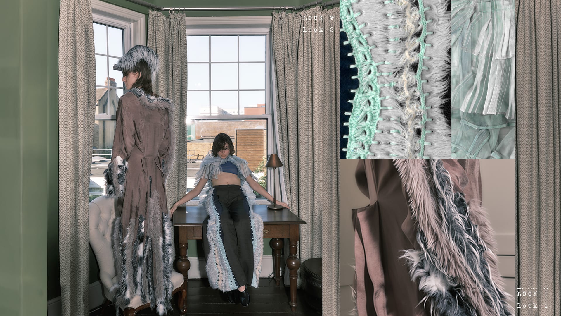 two models are positioned in front of a large window with draped curtains in a room with muted green walls and traditional wooden furniture.