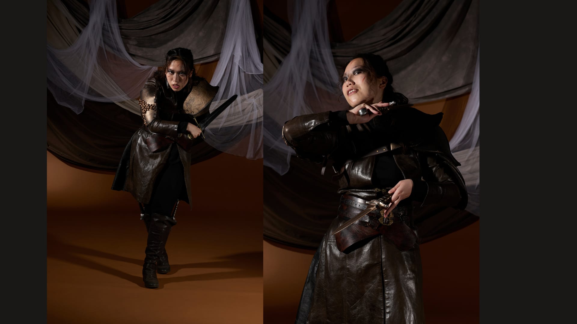 A performer wears a dark, fantasy warrior costume with sculpted armor, posing with weapons against a dramatic, draped backdrop.
