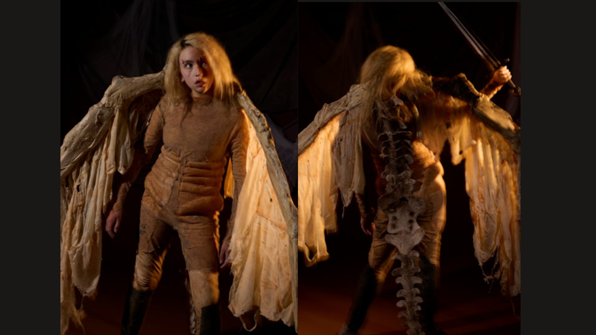 This is a dragon-human hybrid costume the front has protruding ribs and hips; back shows 3D spine to tail with large tattered wings.